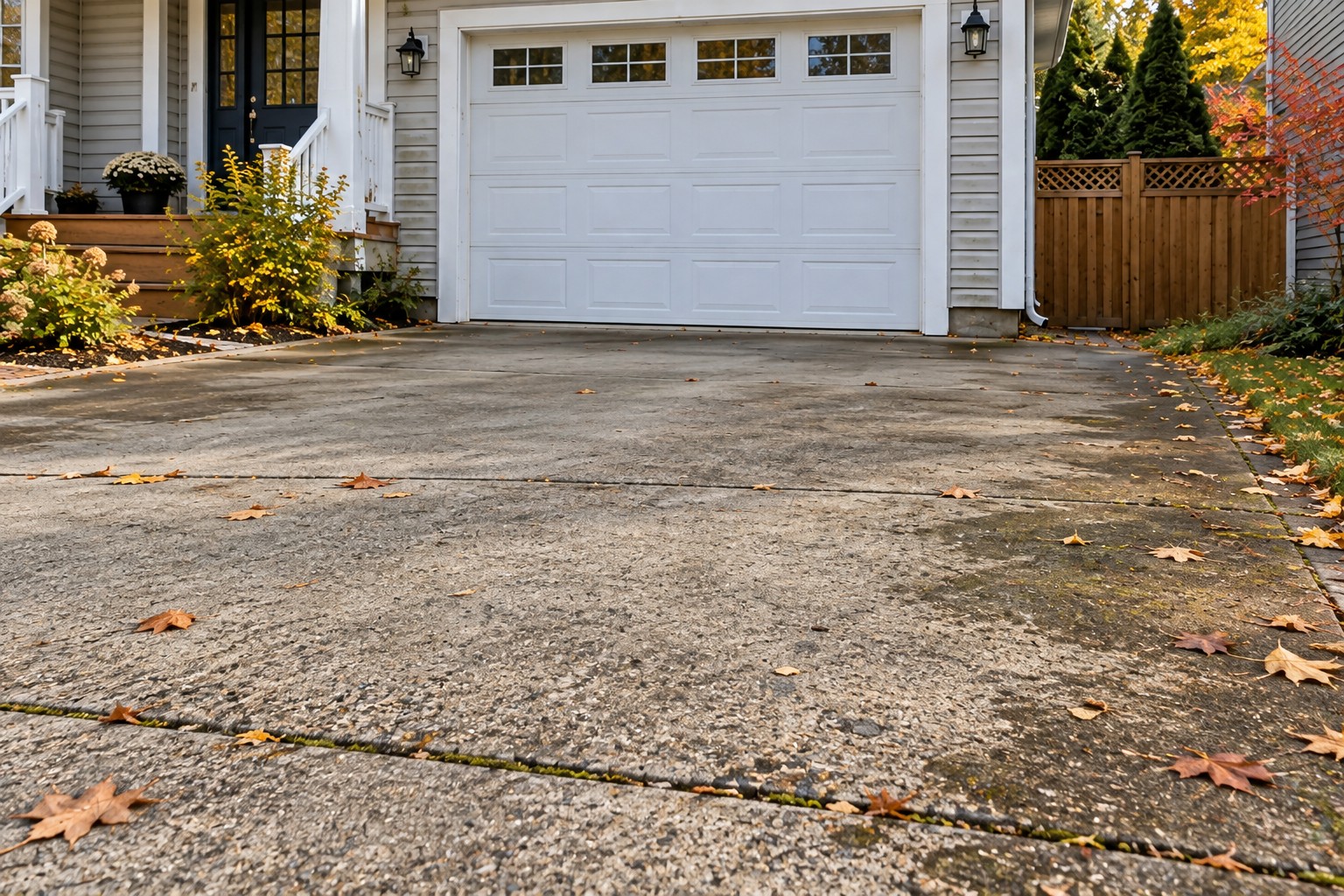 Concrete driveway with mottled surface grime and autumn leaves in front of a white garage.