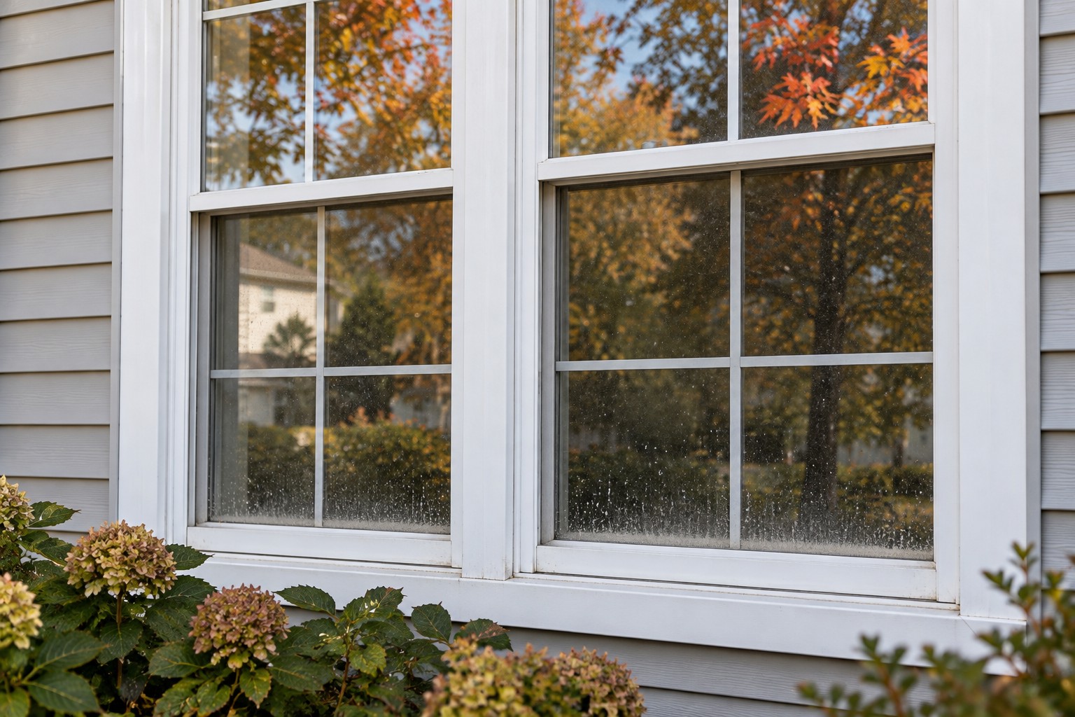 White-framed exterior windows with autumn reflections and faint marks on the glass.
