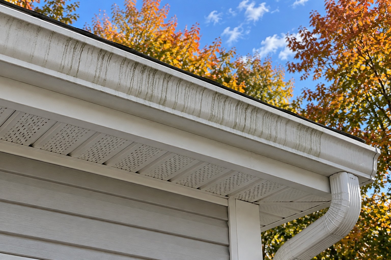 Dark vertical streaks on a white gutter face above white soffits and grey siding.