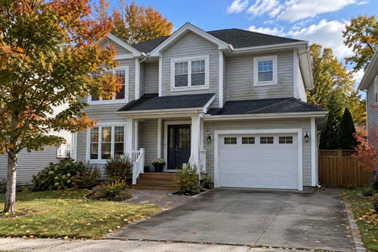 Illustrative two-storey house with grey siding, white trim, a garage, concrete driveway and autumn trees