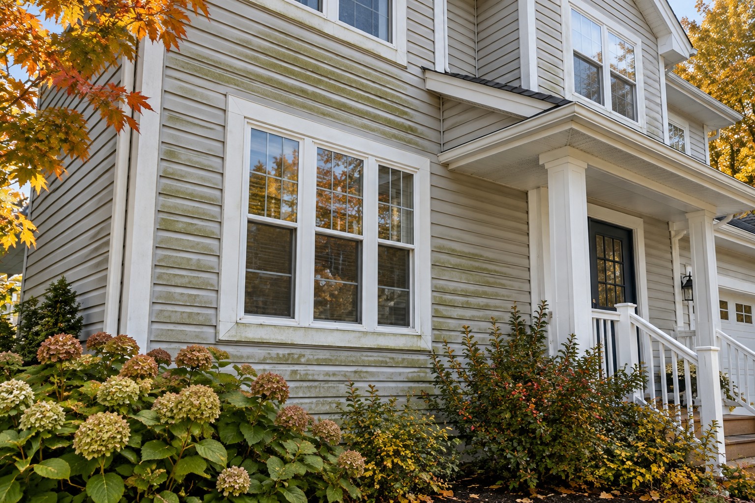 Grey vinyl siding with uneven green buildup around white-framed windows.