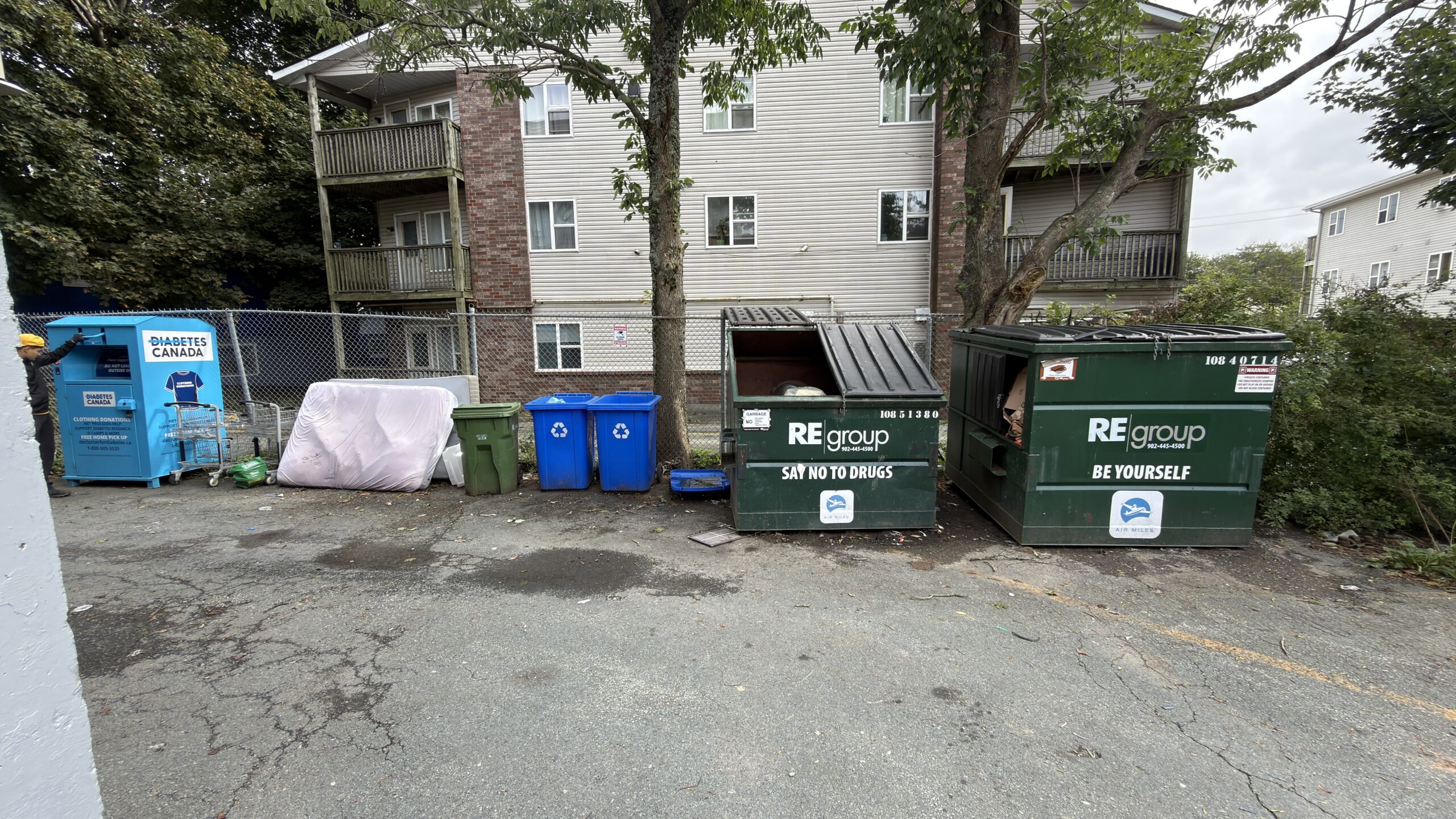 Outdoor garbage and recycling bin area before cleaning