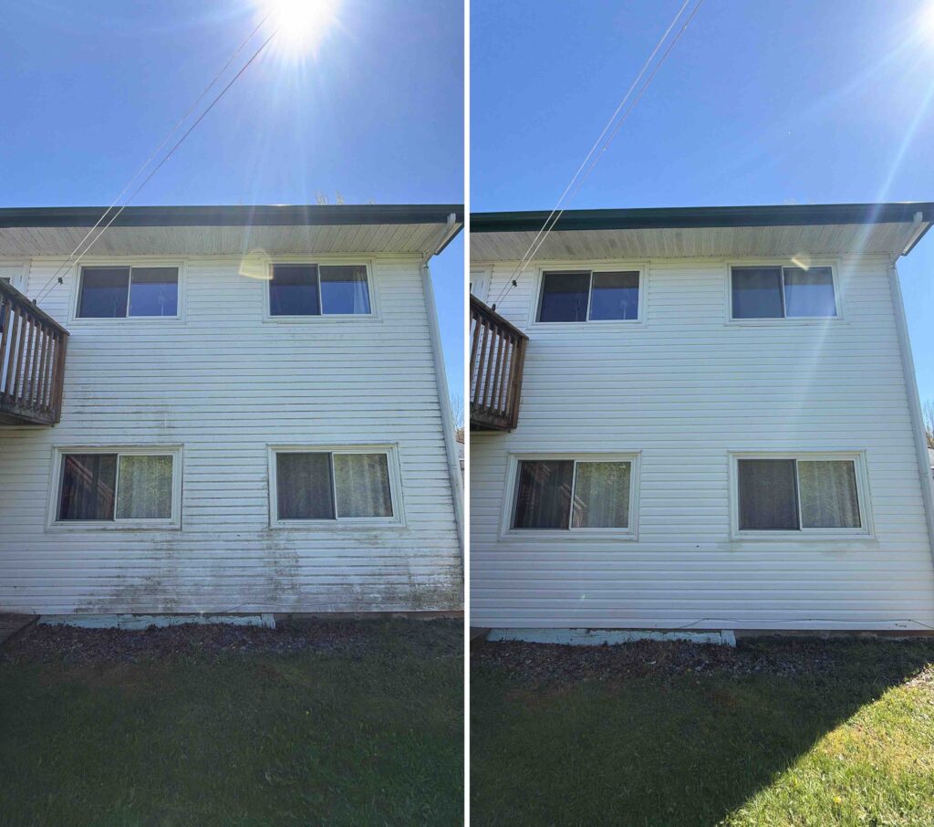 House siding before and after Yellow Wash cleaning, with darker buildup on the left and cleaner siding on the right