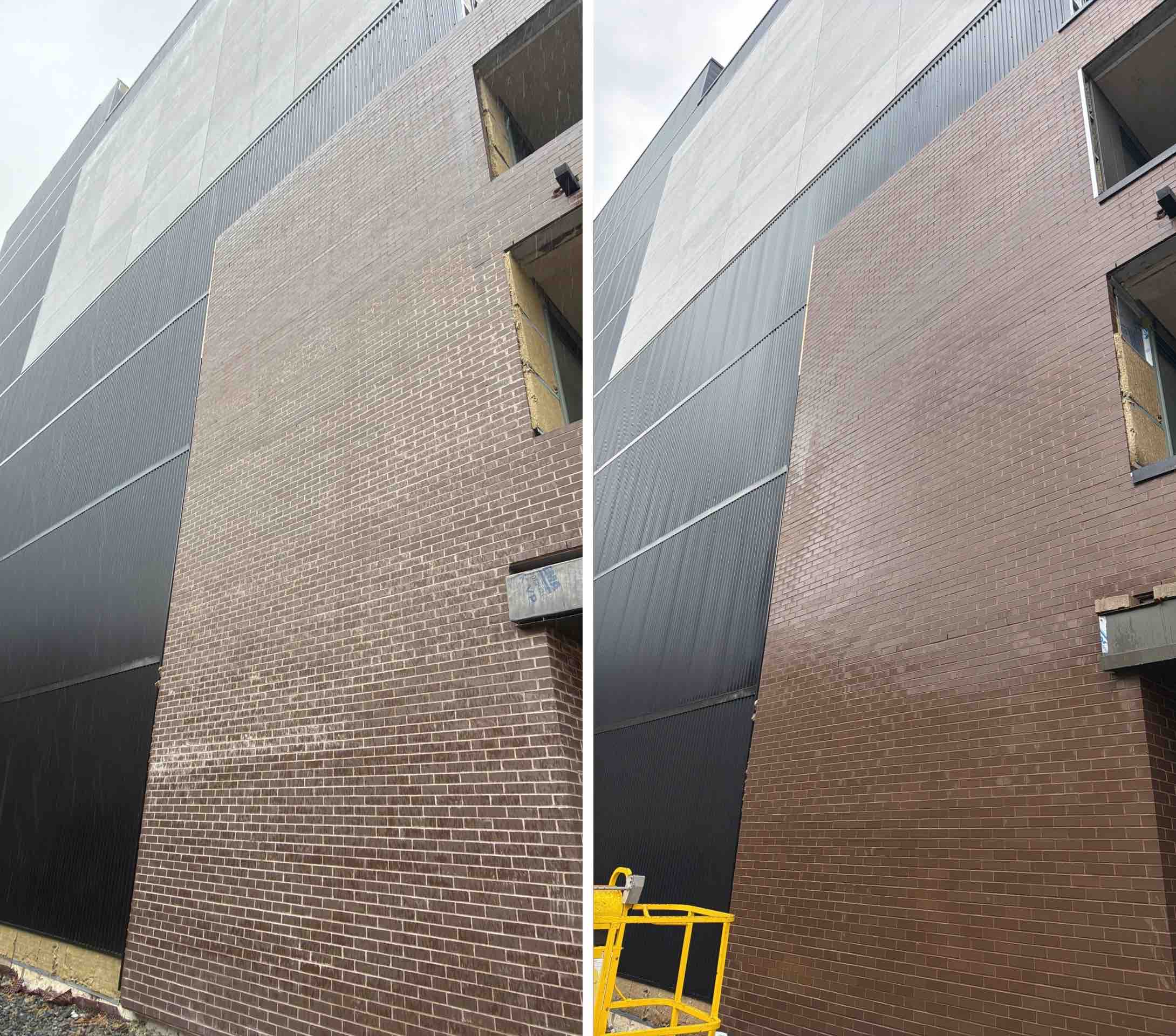 Side by side comparison of brick wall appearance before and after cleaning