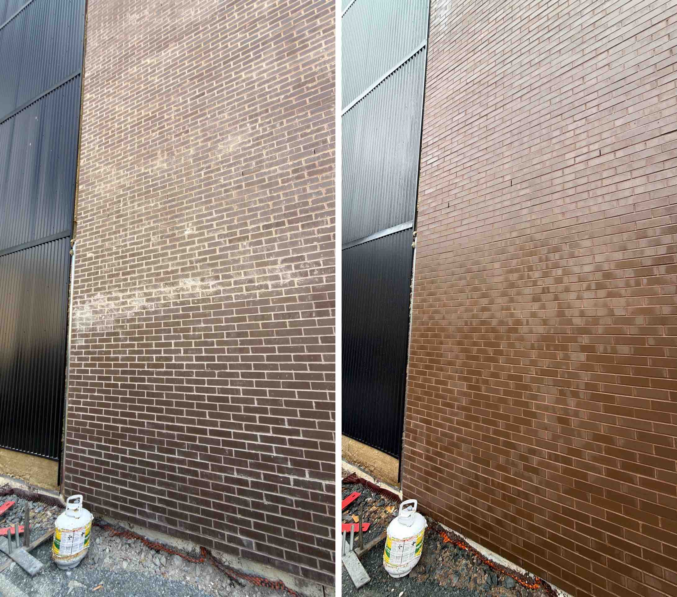 Closer side by side comparison of cleaned and uncleaned masonry