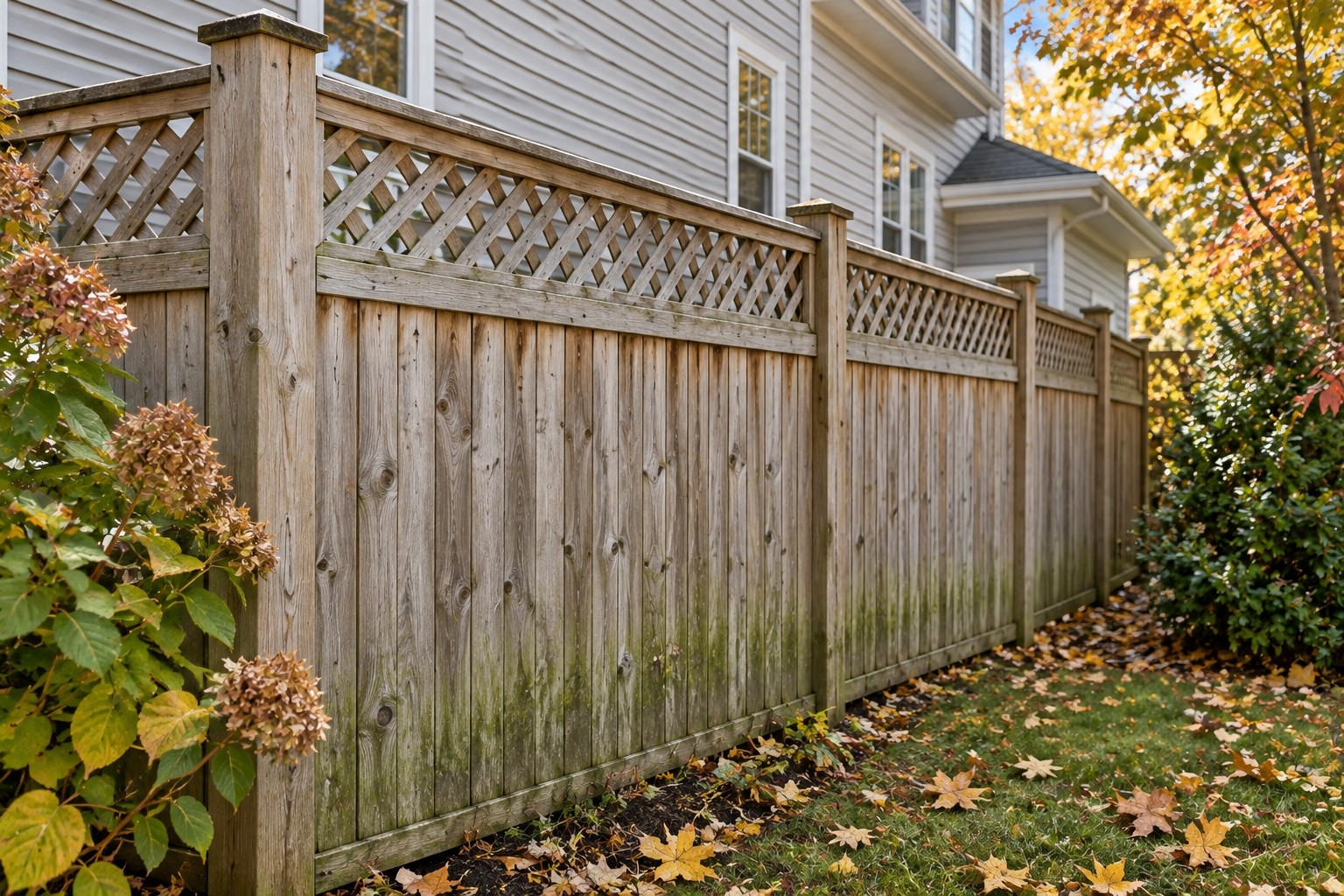 Weathered natural wood fence with green buildup near the lower boards and a grey house behind.