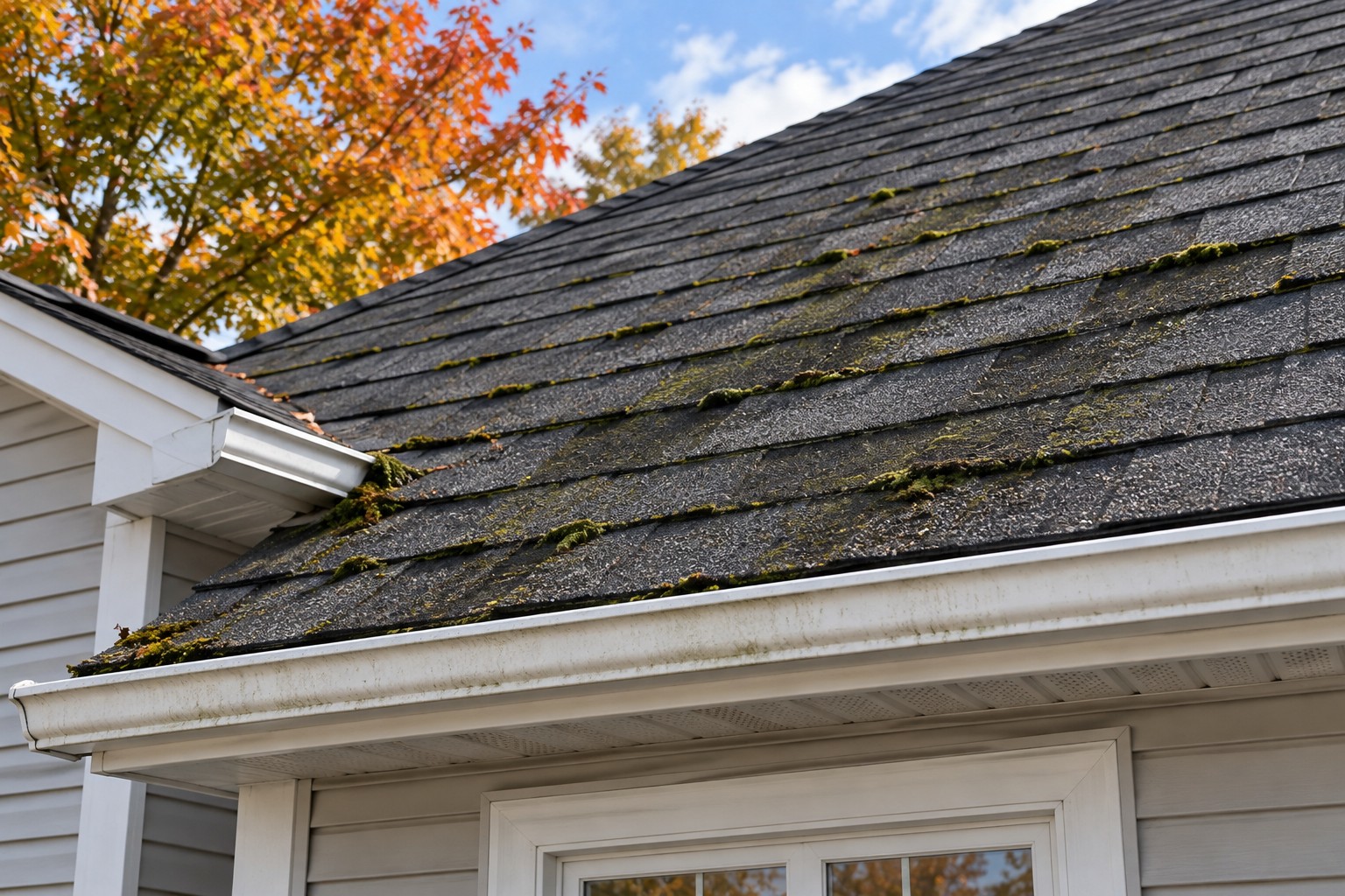 Green moss along the edges of dark asphalt shingles above a white gutter.