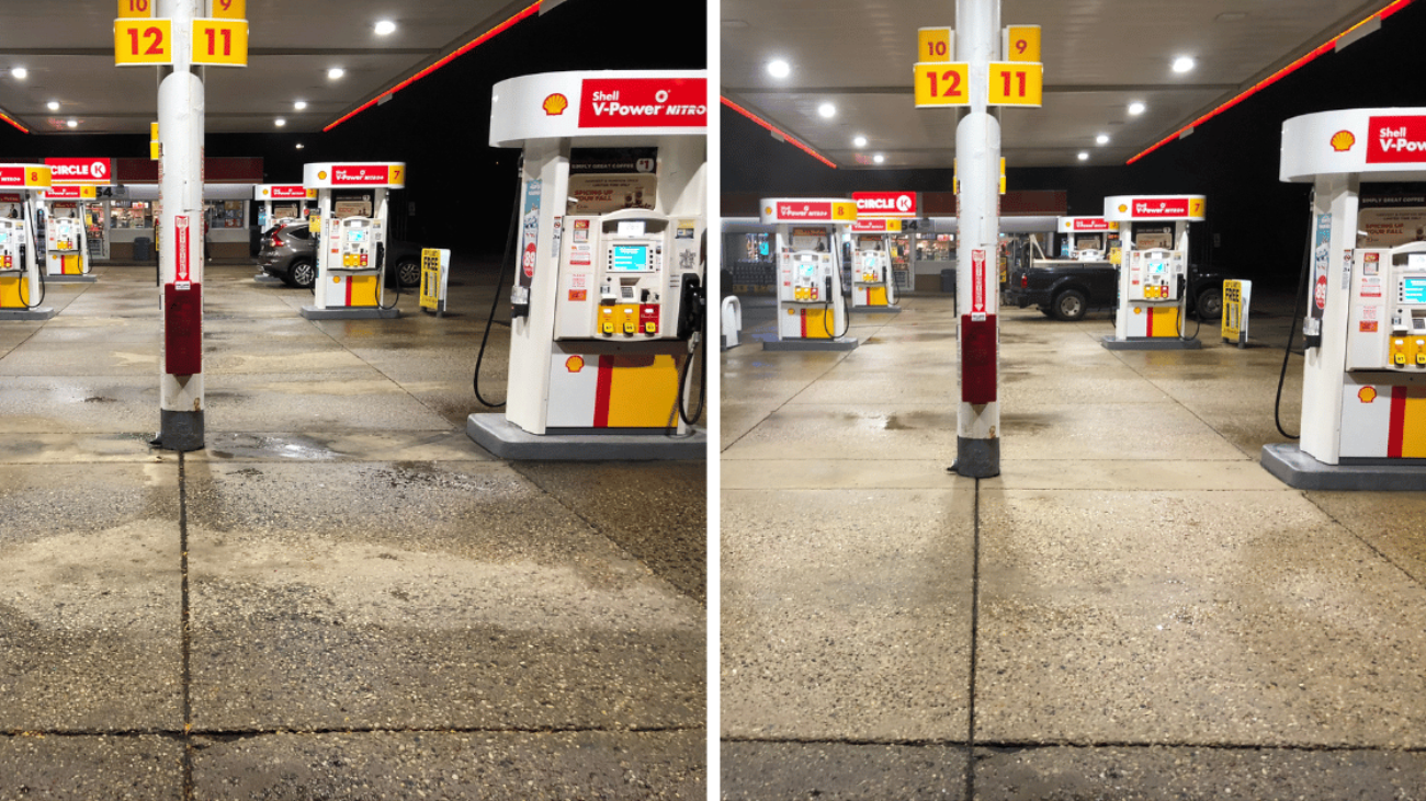 Gas station forecourt concrete before and after cleaning