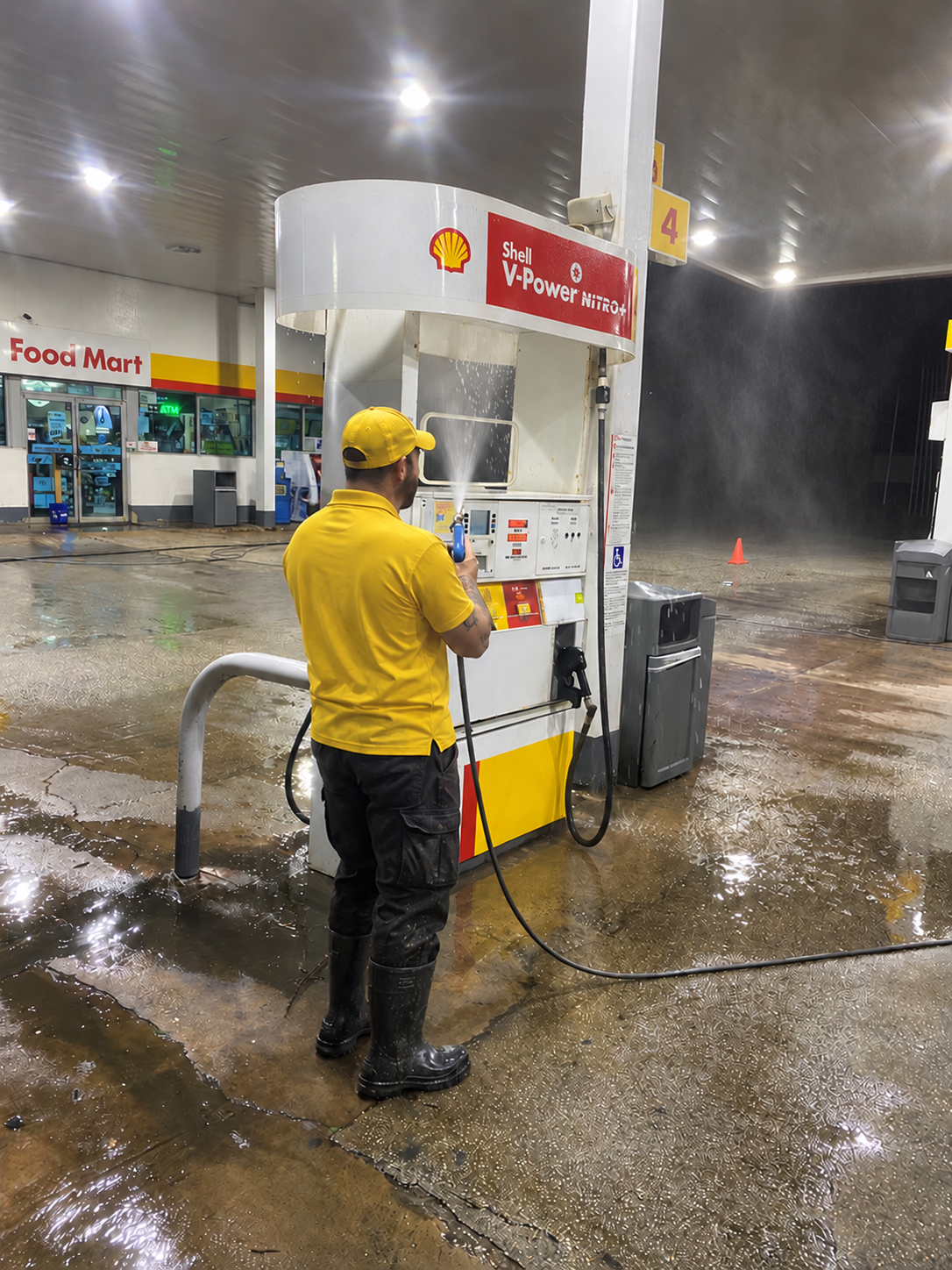 Technician in a yellow shirt pressure washing a gas station pump exterior