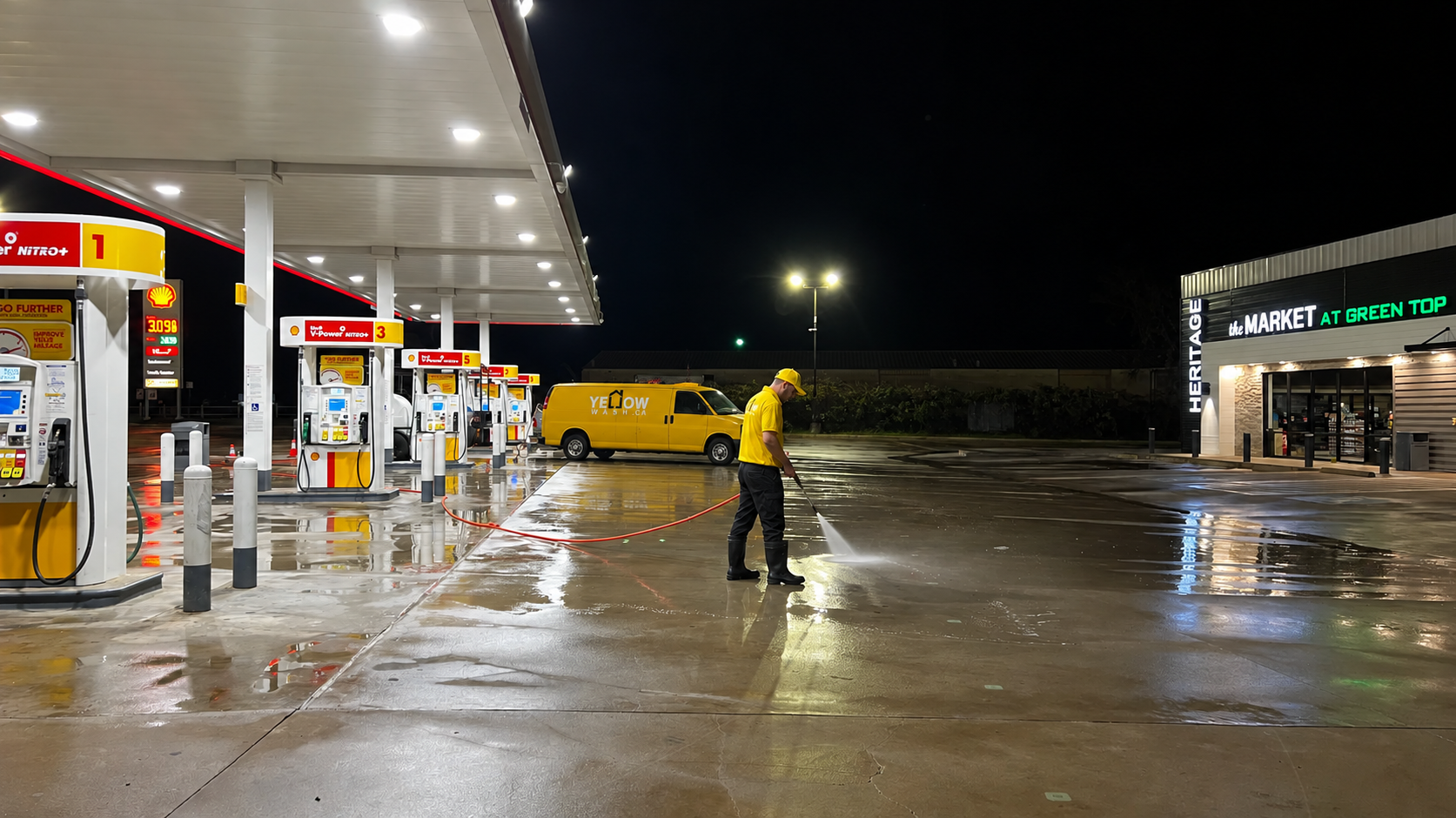Yellow Wash branded gas station pressure washing scene with a yellow van