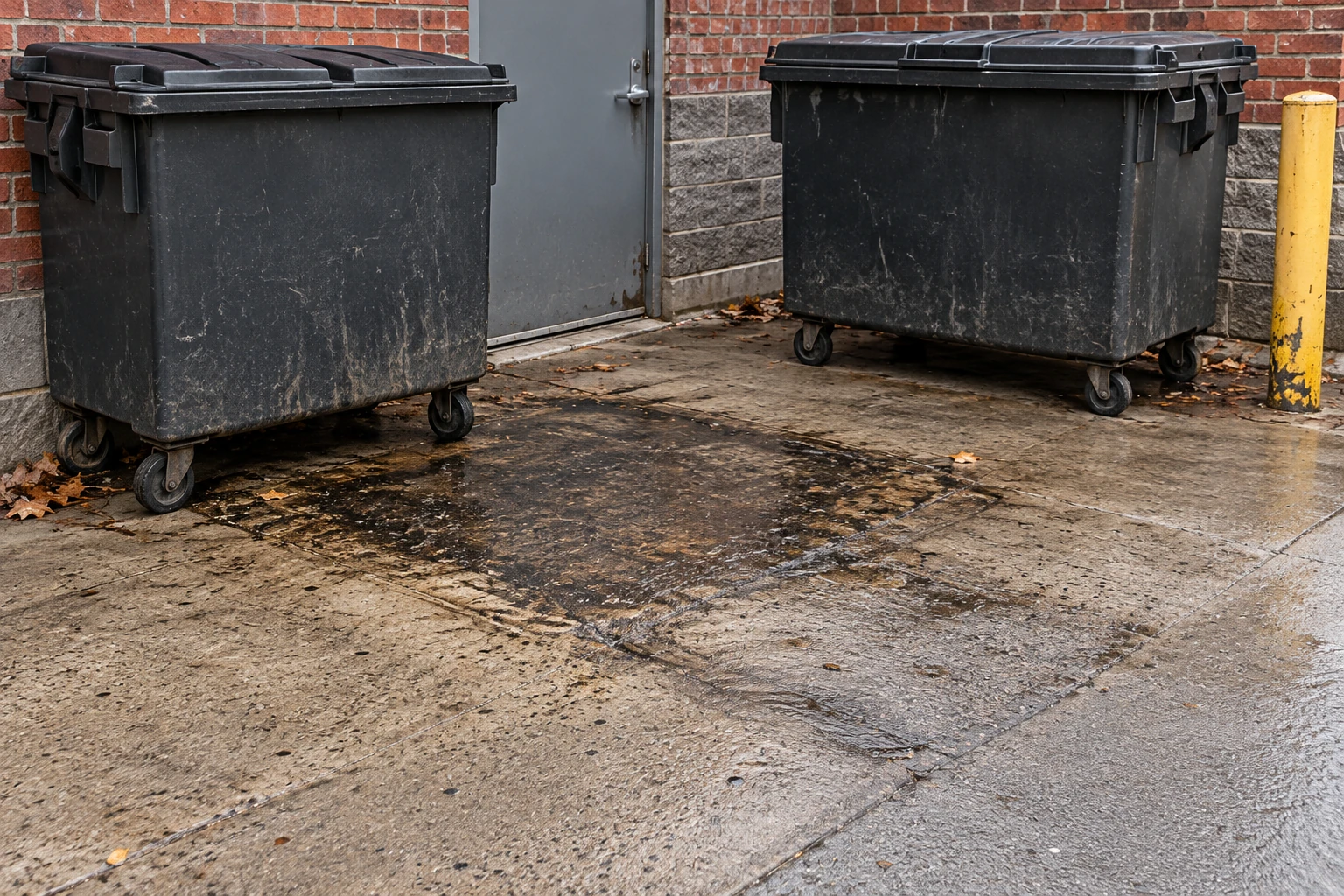 Two wheeled restaurant bins beside dark buildup on a concrete waste-area pad