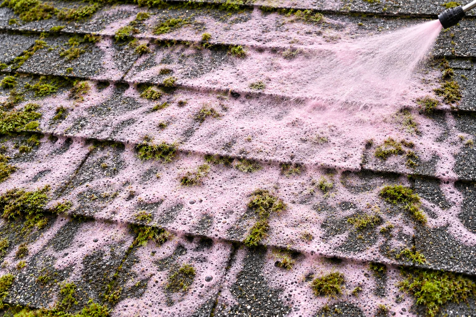 Pale pink foamy treatment applied over remaining moss with a gentle spray